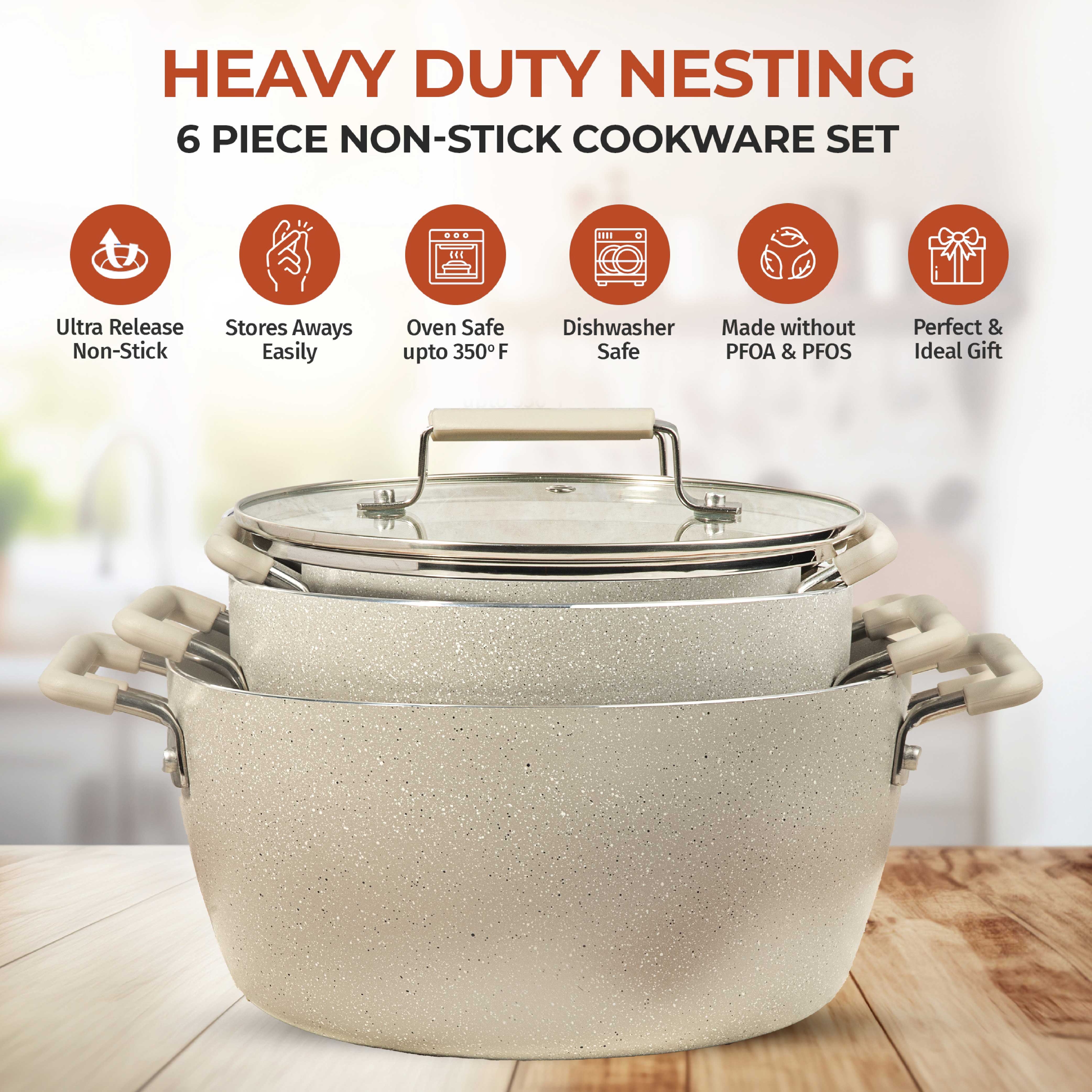 Granitestone Nesting 6 Piece Cooking Pots Set, Kitchen Pots, Non Stick Coating, 5qt 3qt & 1.5qt Pots with Lids, Stay Cool Handles Dishwasher Safe - Image 4
