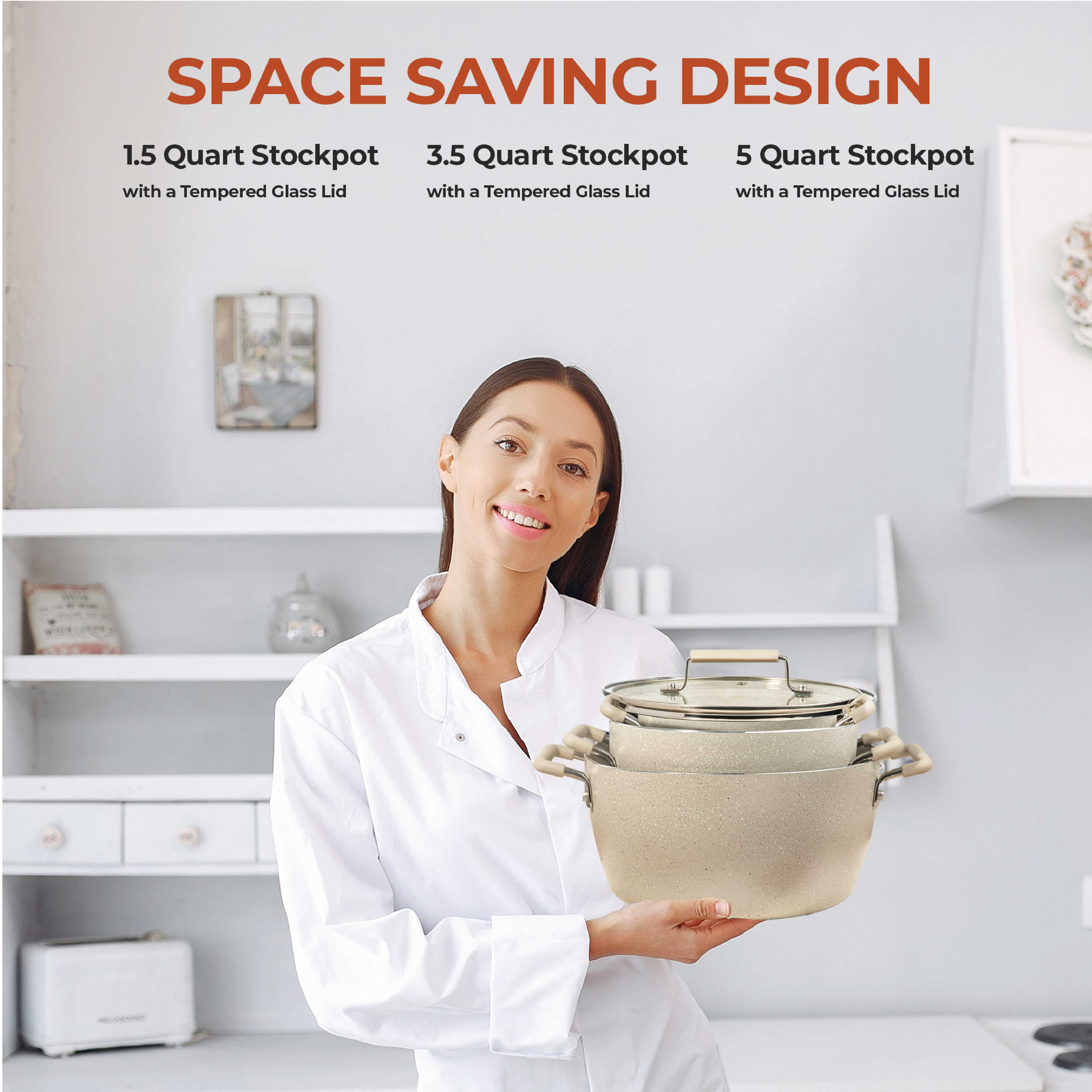 Granitestone Nesting 6 Piece Cooking Pots Set, Kitchen Pots, Non Stick Coating, 5qt 3qt & 1.5qt Pots with Lids, Stay Cool Handles Dishwasher Safe - Image 5
