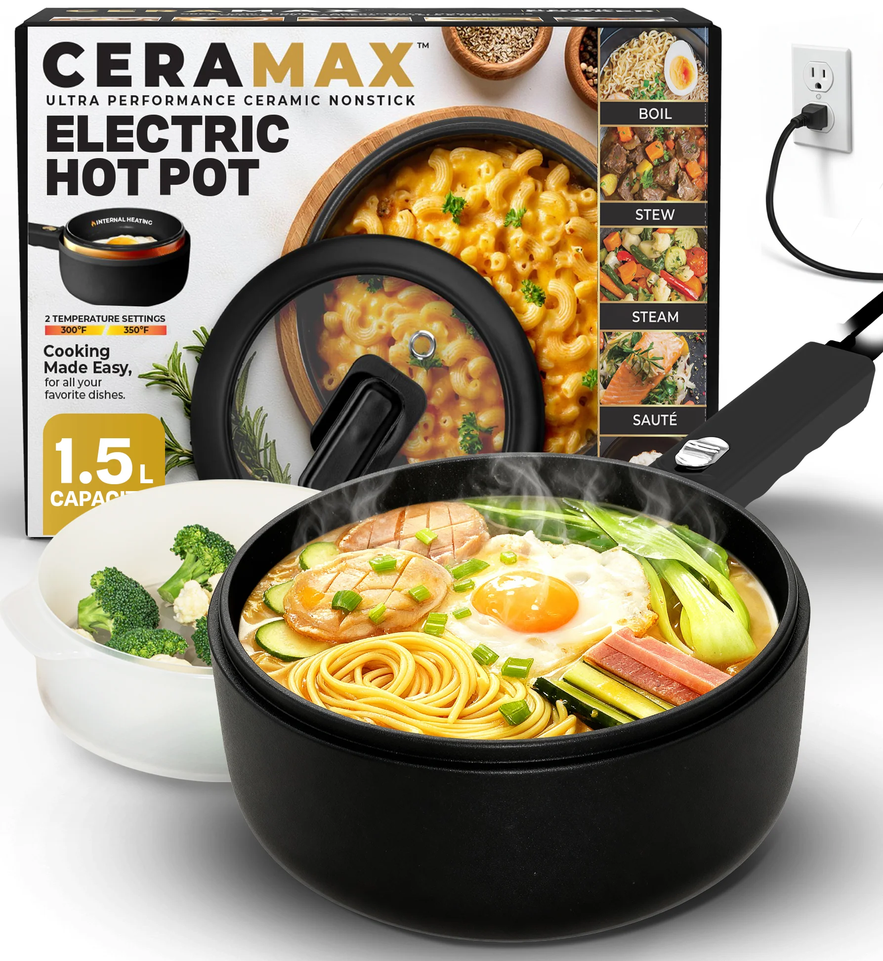 Ceramax Electric Cooker Nonstick Ceramic Skillet Pan Hot Pot Mini Cooker with Lid Steamer - Image 10