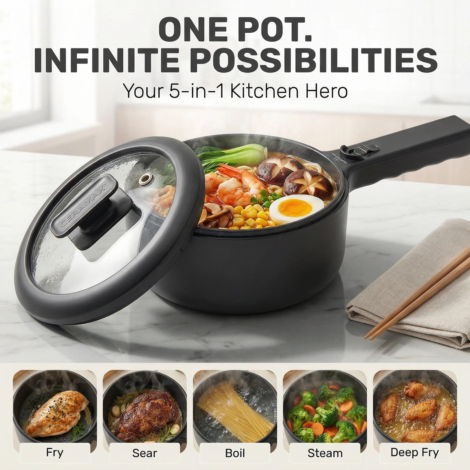 Ceramax Electric Cooker Nonstick Ceramic Skillet Pan Hot Pot Mini Cooker with Lid Steamer - Image 12