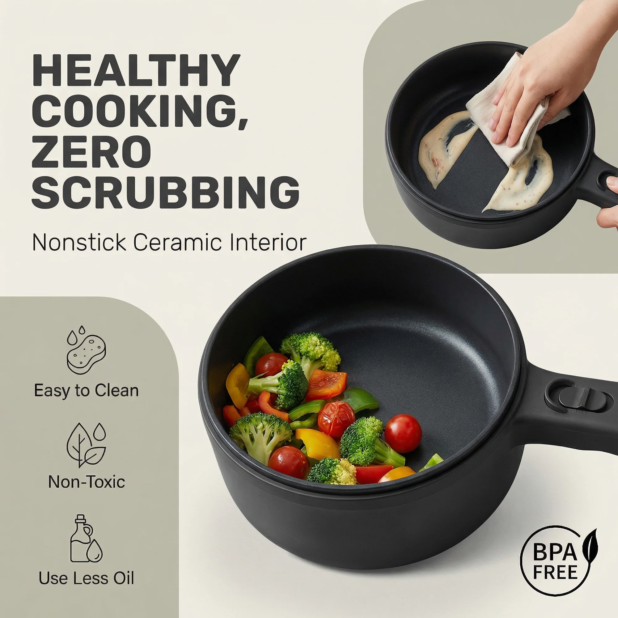 Ceramax Electric Cooker Nonstick Ceramic Skillet Pan Hot Pot Mini Cooker with Lid Steamer - Image 13