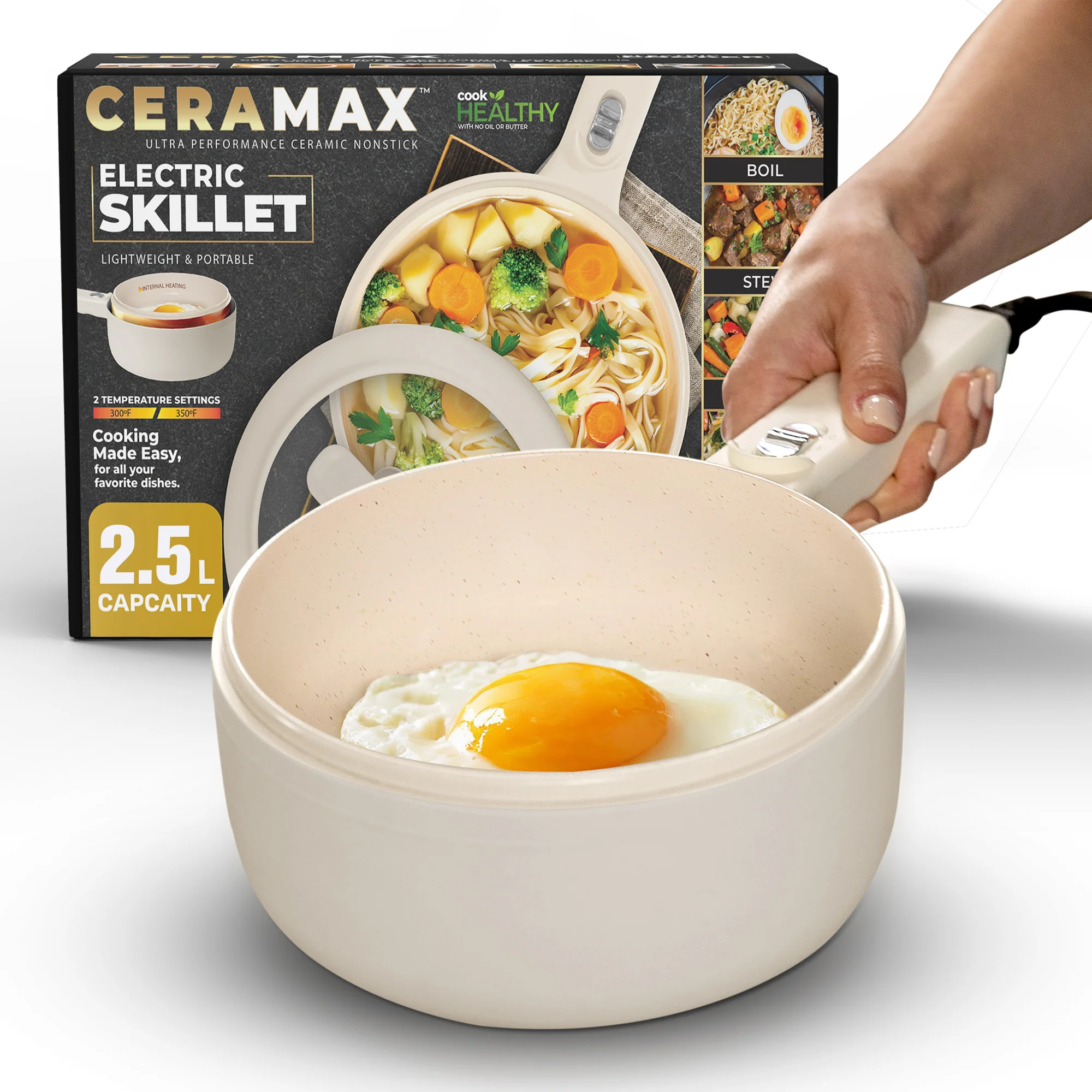 Ceramax Electric Cooker Nonstick Ceramic Skillet Pan Hot Pot Mini Cooker with Lid Steamer - Image 9