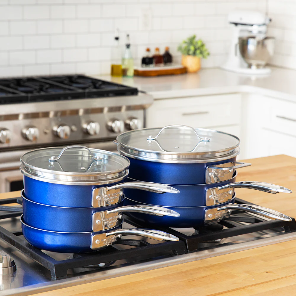 Granitestone Stackmaster Blue 15 Piece Pro Series Stackable Hard Anodized Cookware Set - Image 4