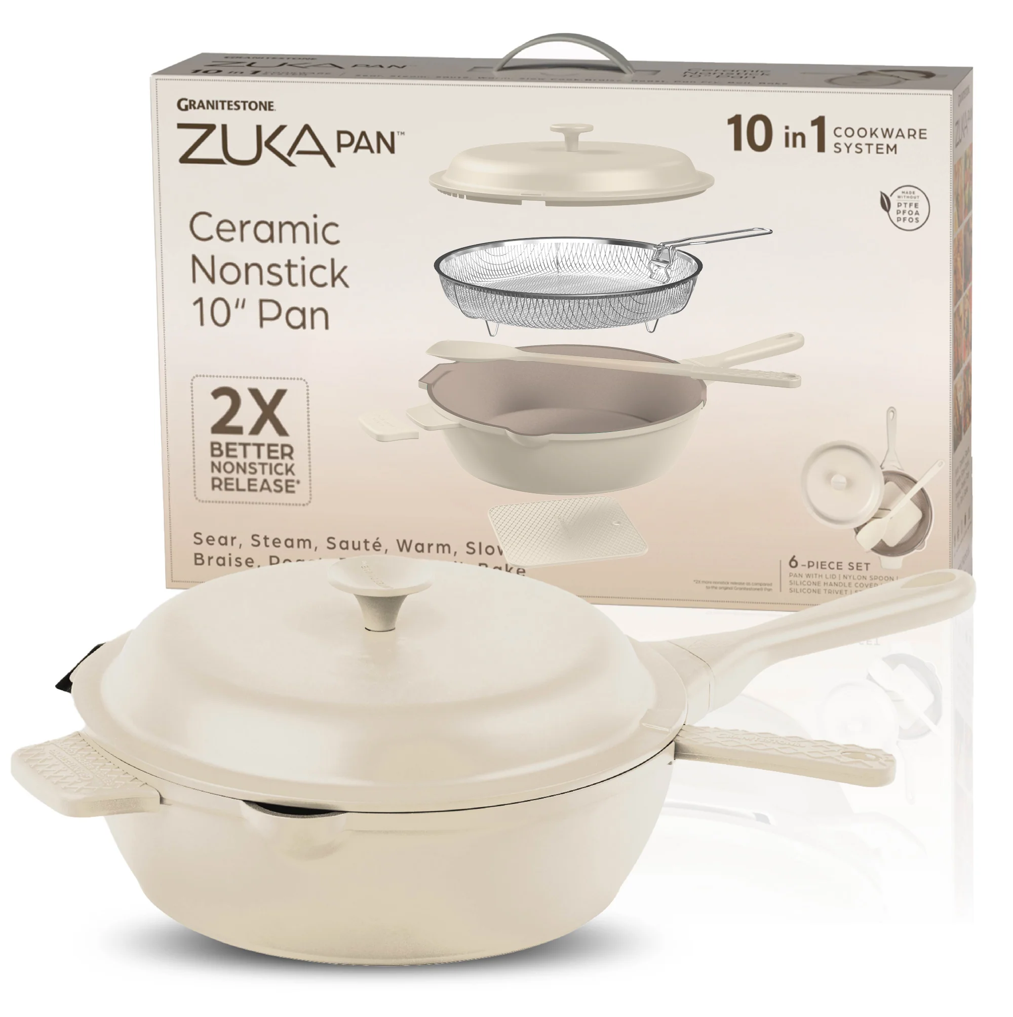 Granitestone 10" Zuka Pan – 6-Piece Multi-Functional Everyday Pan Set with Lid, Nylon Spoon & Steamer Basket - Image 11