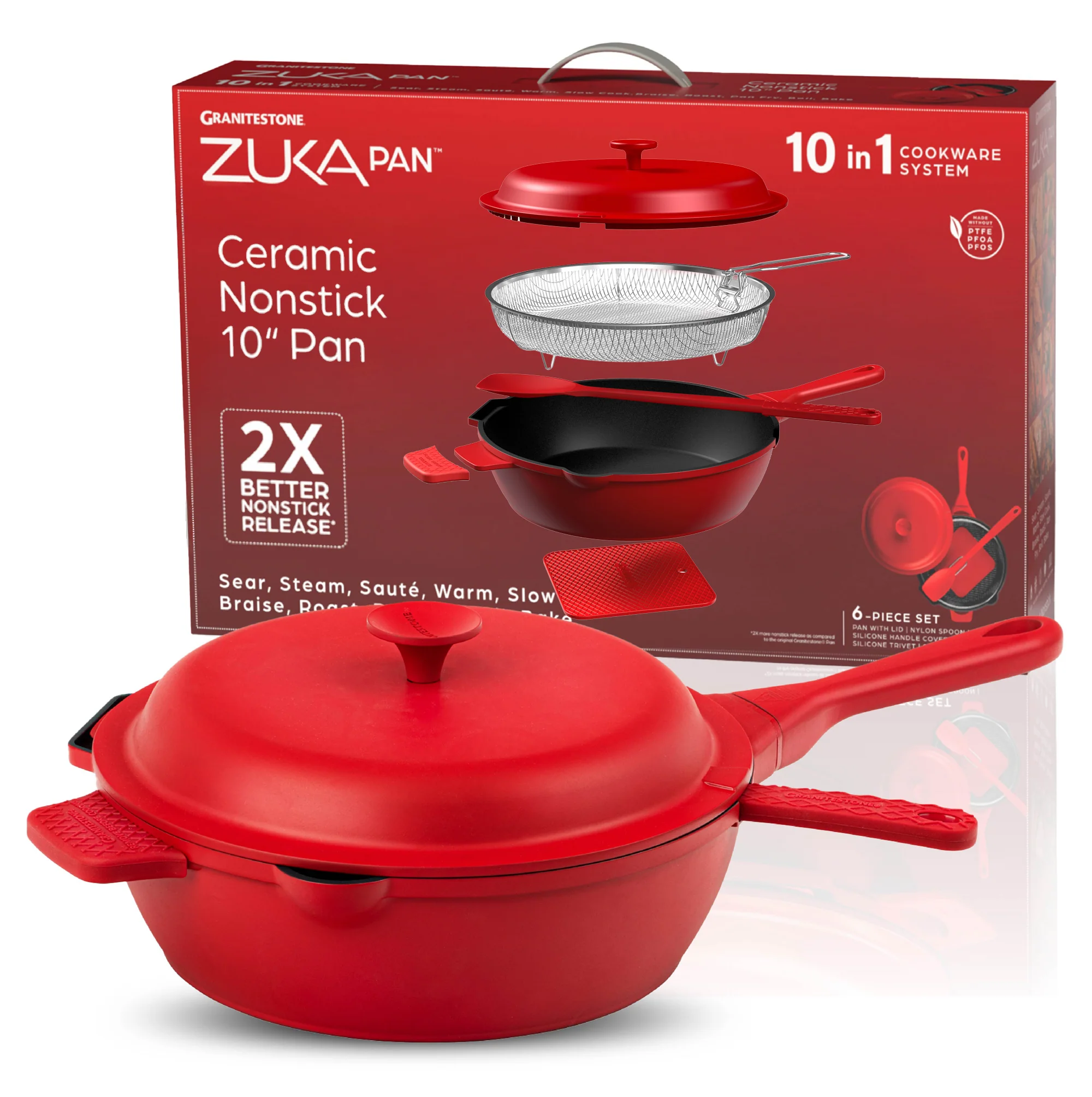 Granitestone 10" Zuka Pan – 6-Piece Multi-Functional Everyday Pan Set with Lid, Nylon Spoon & Steamer Basket - Image 12