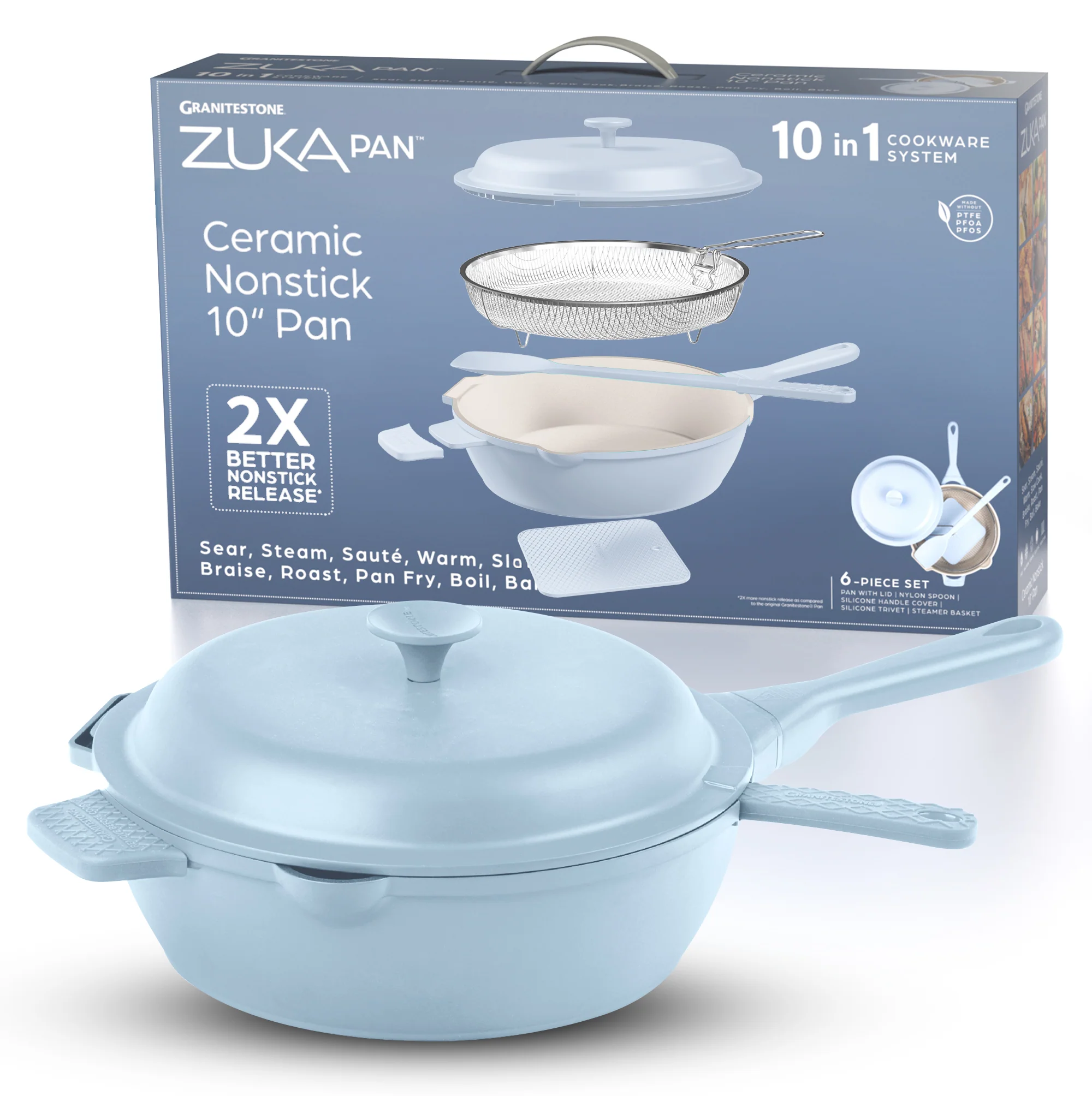 Granitestone 10" Zuka Pan – 6-Piece Multi-Functional Everyday Pan Set with Lid, Nylon Spoon & Steamer Basket - Image 13