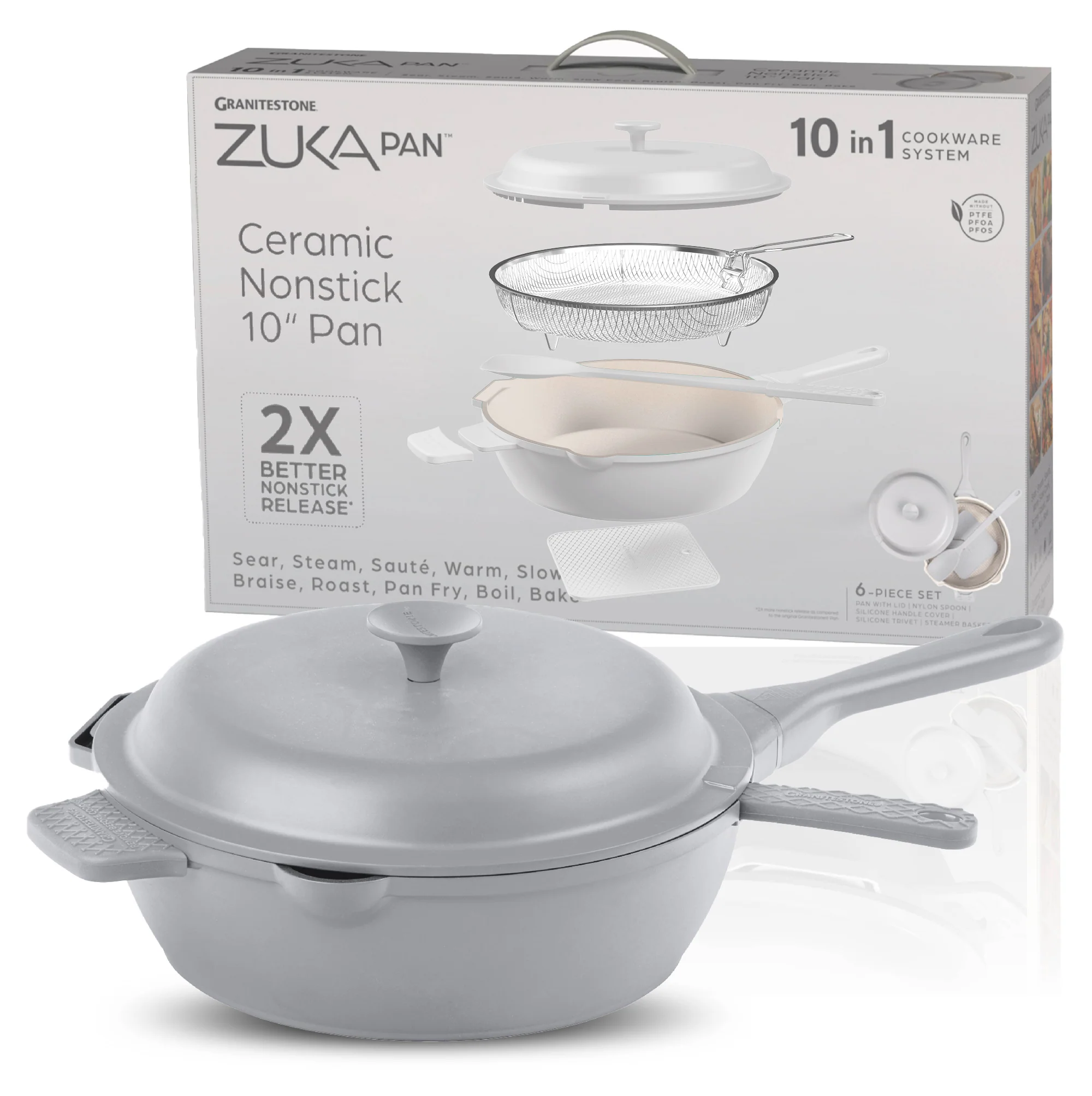 Granitestone 10" Zuka Pan – 6-Piece Multi-Functional Everyday Pan Set with Lid, Nylon Spoon & Steamer Basket - Image 14