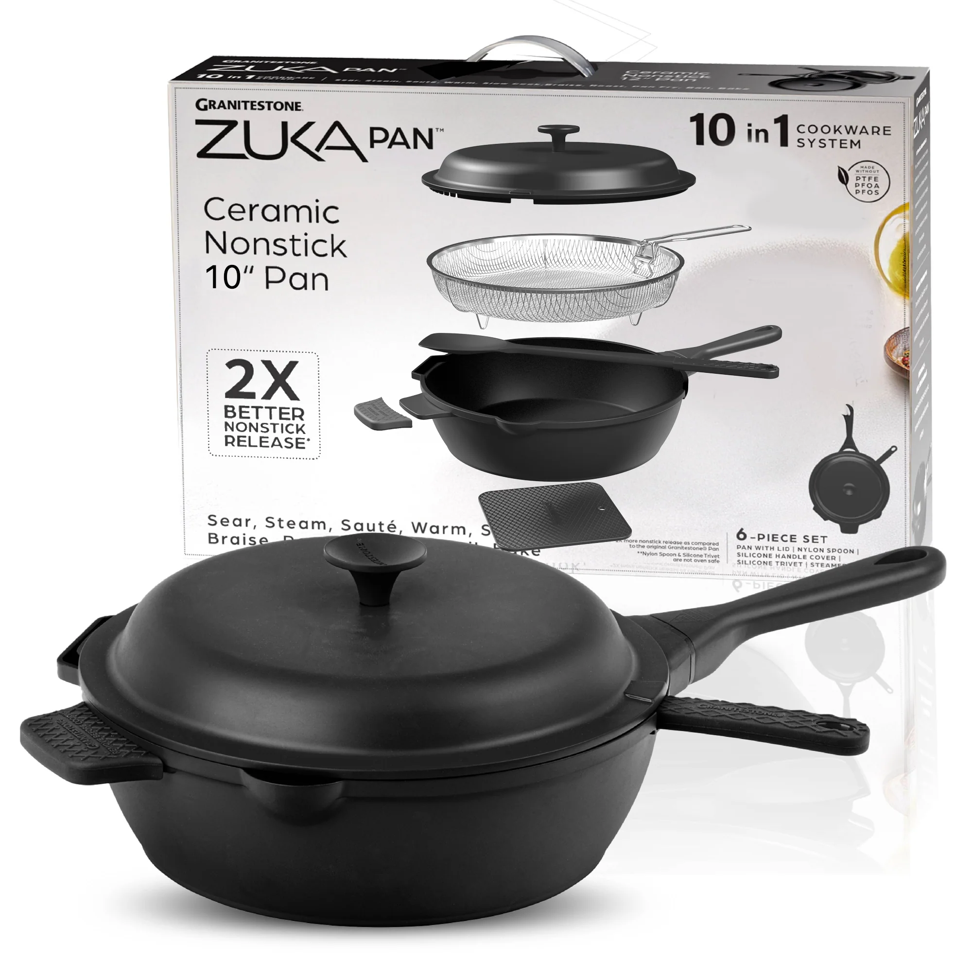 Granitestone 10" Zuka Pan – 6-Piece Multi-Functional Everyday Pan Set with Lid, Nylon Spoon & Steamer Basket - Image 15