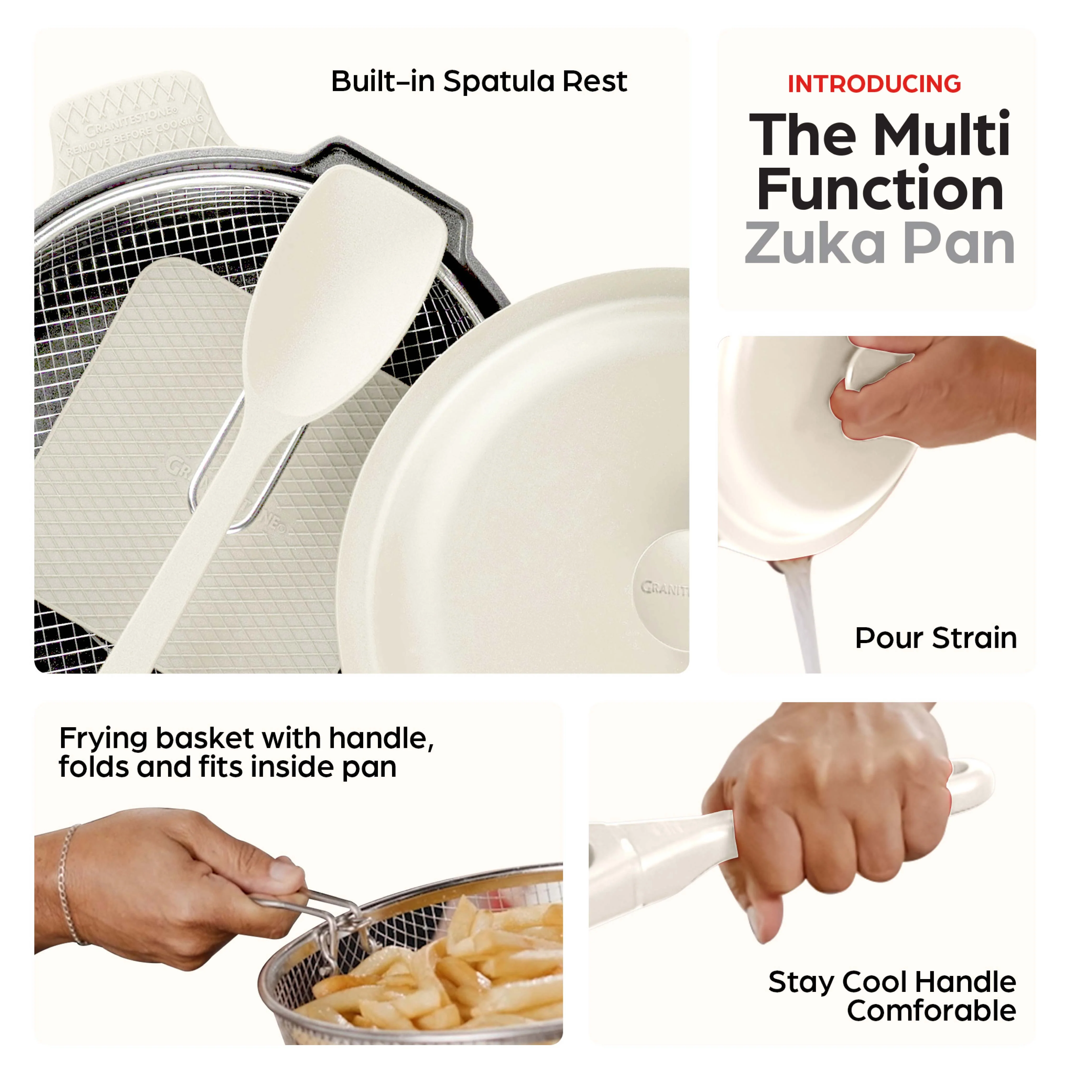 Granitestone 10" Zuka Pan – 6-Piece Multi-Functional Everyday Pan Set with Lid, Nylon Spoon & Steamer Basket - Image 6