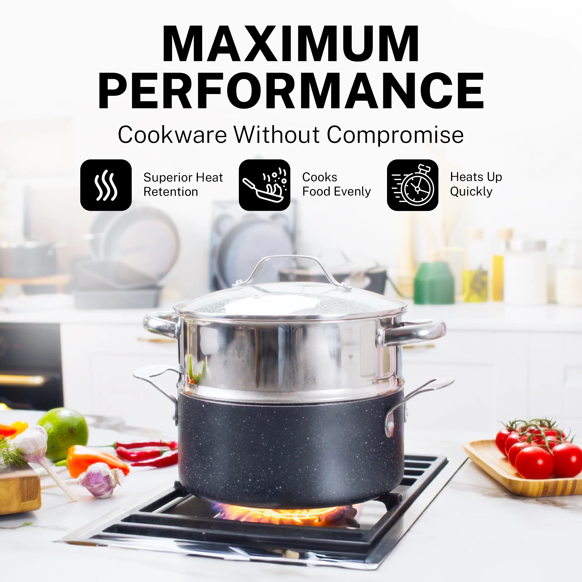 20-Piece EXPRESS SET, Ceramic Nonstick Pots and Pan Set, Bakeware, Utensils, Frying Pan, Stock Pot, Steamer, Stainless Steel Handles - Image 4