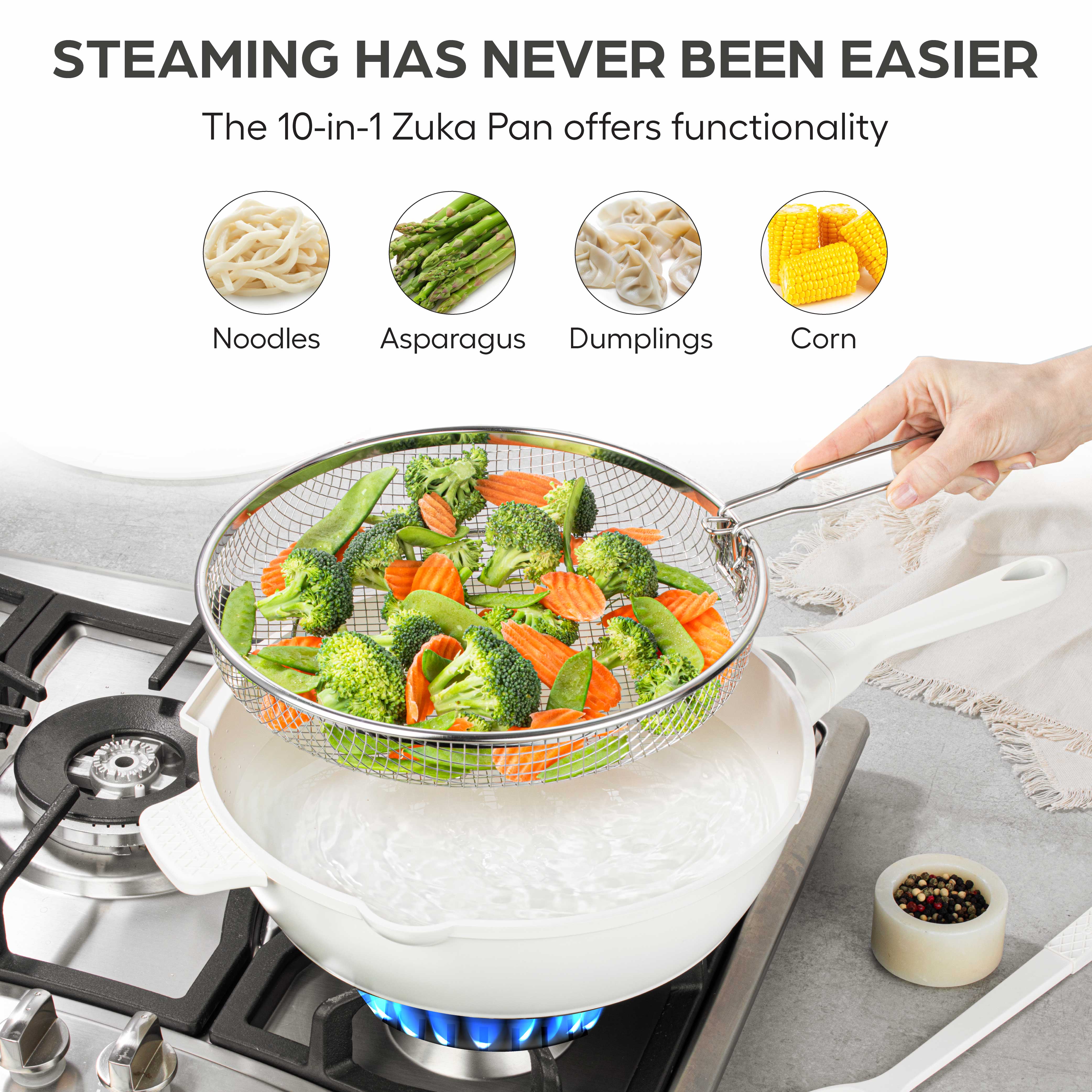 Granitestone 12" Zuka Pan – 6-Piece Multi-Functional Everyday Pan Set with Lid, Nylon Spoon & Steamer Basket - Image 7