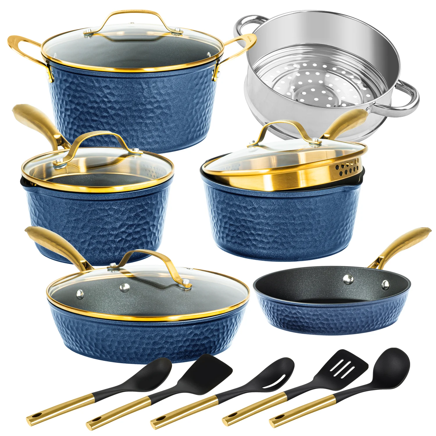 Granitestone Charleston Collection - Hammered Cookware - Pots, Pans, Available in Navy and Black